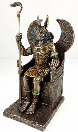 Egyptian Anubis Jackal W/ Cobra Scepter On Throne Statue Antique Bronze Finish