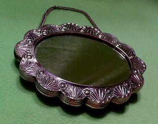 Vintage silver plate HANDHELD or HANGING MIRROR w/ ornate ROSES & other designs. 2