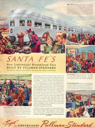 1939 Vintage Travel Ad Santa Fe Railroad Streamliner Pullman Standard Car 072819