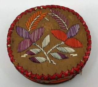 Fine Old Native American Great Lakes Indian Birch Bark Quill Box Floral 3