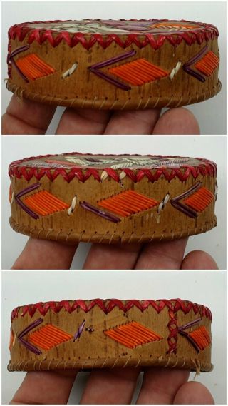 Fine Old Native American Great Lakes Indian Birch Bark Quill Box Floral 7