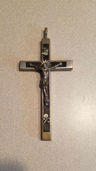 Antique Vintage Nun Pectoral Crucifix Scull Crossbones Ebony Metal 5” X 2 1/4”