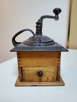Antique Wood And Cast Iron Coffee Grinder