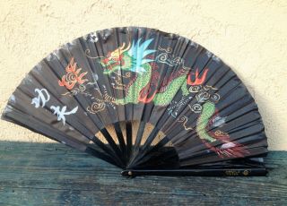 Large 24” Handpainted Chinese Black Silk & Bamboo Fan Dragon Chasing Pearl