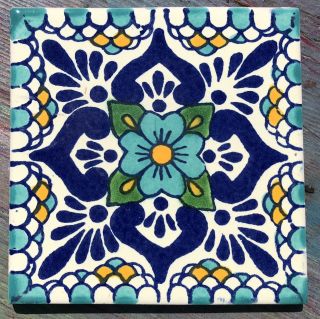 10 Talavera Mexican Pottery Tile 4 " Escamilla Flower Aqua Cobalt Blue Gold White
