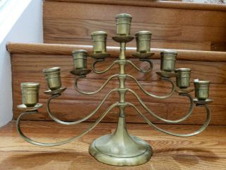 Antique Vintage Brass 9 Branch Menorah Jewish Candle Holder 9.  5  T 14.  5  W