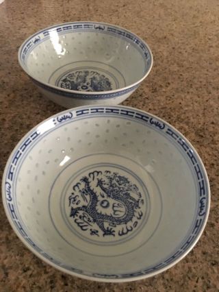 Vintage Set Of 2 Chinese Blue & White Porcelain Dragon & Rice Eyes Soup Bowls 7”