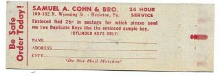 Samuel A.  Cohn & Bro. ,  Keys,  100 - 102 N.  Wyoming St. ,  Hazleton PA Matchcover 3