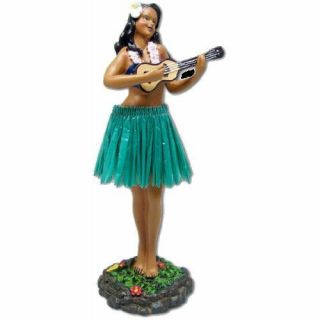 Hawaiian Leilani With Ukulele Hula Girl Dashboard Doll With Green Skirt