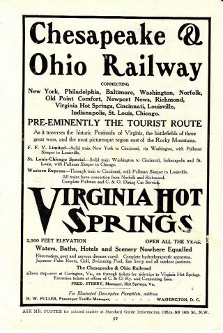 Chesapeake & Ohio Railway Virginia Hot Springs Tourist Route 1910s/1920s Ad