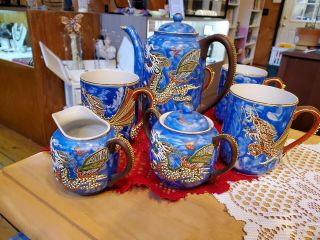 Japanese Blue Moriage Dragonware Tea Set W/4 Cups,  Sugar/creamer