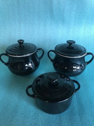 Le Creuset Black Set Of 2 Stoneware Ceramic Pottery Soup/bean Pots,  Casserole