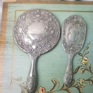 Vintage Antique Victorian Hand Mirror Art Hair Brush Deco Floral Silver Plated
