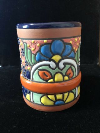 Mexican Terra Cotta Pottery Hand Painted Flower Embossed Glazed Coffee Mug