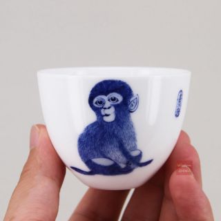 Hand painted monkey Chinese Jingdezhen Blue and White Porcelain Tea Cup 70cc 3