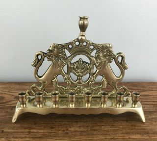 Antique Lions Of Judah Solid Brass Footed Menorah