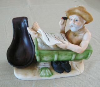 Vintage Porcelain Pipe Rest Holder - Old Cowboy In Bathtub W/cigar & Newspaper