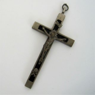 Vintage Pectoral Crucifix Skull And Crossbones On Ebony Nickel Germany 4 Inch