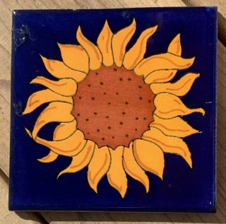 10 Talavera Mexican Pottery 4 " Tile Classic Sunflower Blue Cobalt Gold Flower