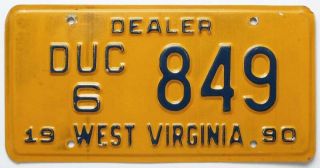 Colorful Vintage West Virginia 1990 Car Dealer License Plate,  849