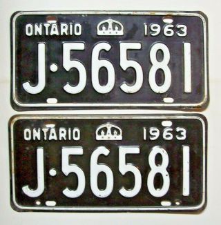Pair 1963 Ontario Passenger License Plates J - 56581