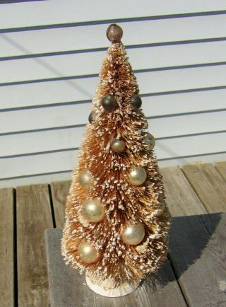 Vtg Japan Flocked Gold Bottle Brush Christmas Tree W Golden Glass Ornaments 11¼ "