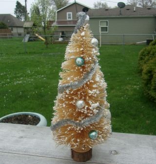 Tall Vtg Flocked Christmas Gold Bottle Brush Tree Tinsel Garland Glass Ornaments