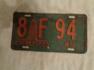 1940 Nebraska License Plate 8 F94 State Capital