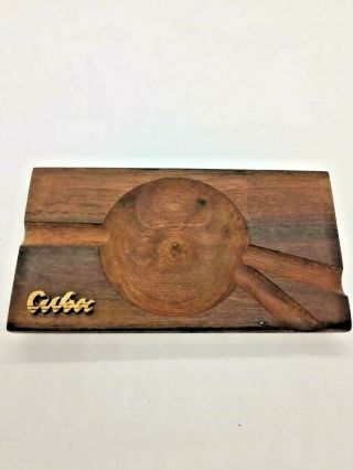 Cigar Ash Tray From Cuba.  Raised Center,  Three Holders.  Cuba On Front.  Solid Wood