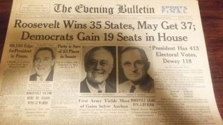 Vintage Newspaper The Evening Bulletin November 8,  1944 Roosevelt Wins