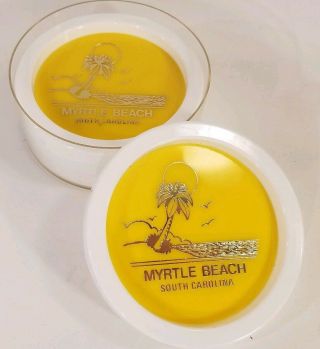 Set Of 4 Vintage Myrtle Beach Drink Coasters.  Made In Usa.  Round Yellow White.