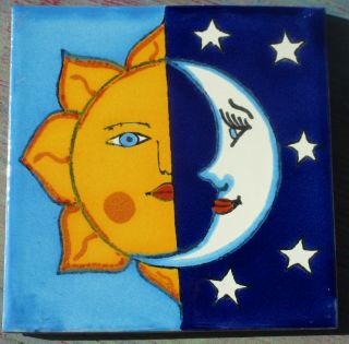 10 Talavera Mexican Pottery Tile 4 " X 4 " Gold Turquoise Sun Moon Celestial Star