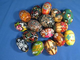 16 Hand Painted Wooden Easter Eggs - Polish - Russian - Ukrainian - Folk Art