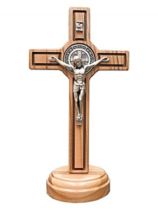 6.  1 " San Benito Cruz St Benedict Medal Italian Olive Wood Cross Crucifix W/ Base
