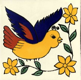 10 Talavera Mexican Pottery Tile 4 " X 4 " Song Bird Flower Blue Wings Leaves