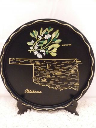 State Of Oklahoma Souvenir Tray Black Gold Metal Travel Map Flower Vintage