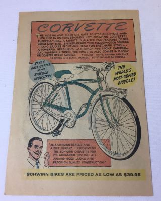 1959 Schwinn Bicycle Cartoon Ad Page Corvette Style Pace - Setter