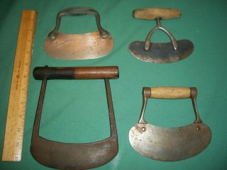 4 Vintage Antique Hand Forged Steel Food Choppers Wood Handle - Primitive Decor