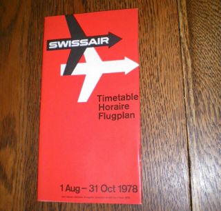Swissair Flugplan Timetable: August - October,  1978.  55 Double Pages.