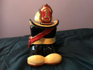 Fire Fighter Fireman Cookie Jar Black Boots Yellow Hat Ceramic 12 " Gently