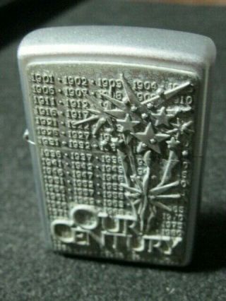 Zippo Lighter.  1999.  Plate On Front Of Case " Our Century " With List Of Years.