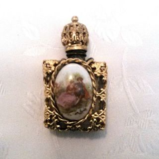 Vintage Gold Filigree Romantic Porcelain Cameo Miniature Perfume Bottle