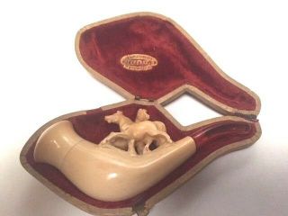 Vintage Hand Carved Meerschaum Pipe With 2 Horses - Case