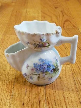 Vintage Porcelain Shaving Scuttle Mug Blue Floral,  Faded Metalic Trim Pretty