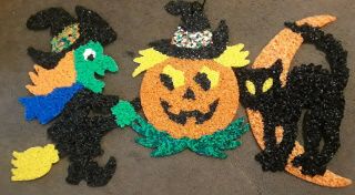 Vtg 70s Melted Plastic Popcorn Halloween Black Cat Moon Witch & Pumpkin