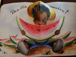 Vtg Hallmark Valentine Greeting Card Black Americana Boy Watermelon Popup 40s - 50