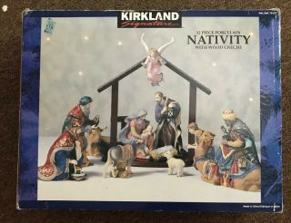 Kirkland Christmas 12 Pc Porcelain Nativity Set Wood Creche Rare Hand Painted
