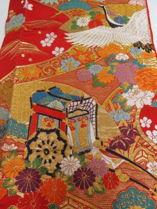 Ki12z130 Japanese Kimono Silk Uchikake Fabric Red,  Gold 37 "