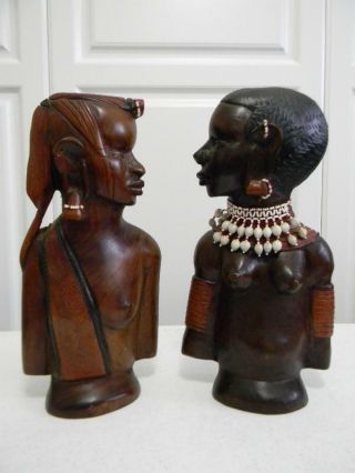 Pair African Tribal Hand Carved Wood Man Woman Art Sculpture Busts Figures Beads