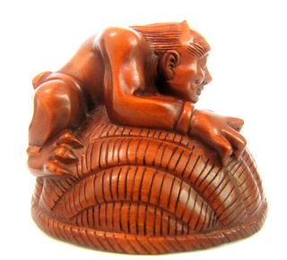 Y3302 - 4.  6 5.  5 4.  6cm Hand Carved Boxwood Carving Netsuke: 2 Oni Monsters